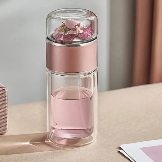 Bouteille de thé en verre double avec infuseur ROSE